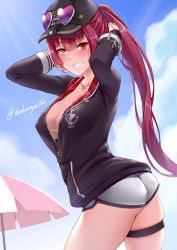 Rule 34 | 1girl, arms behind head, arms up, ass, baseball cap, black jacket, blue sky, blush, breasts, cleavage, darkmaya, dolphin shorts, eyewear on head, eyewear on headwear, grin, hat, heart, heart-shaped eyewear, heterochromia, hololive, houshou marine, houshou marine (summer), jacket, jewelry, large breasts, long hair, long sleeves, looking at viewer, necklace, ponytail, red eyes, red hair, short shorts, shorts, sky, smile, solo, sunglasses, sunglasses on head, thigh strap, thighs, tinted eyewear, very long hair, virtual youtuber, white shorts, yellow eyes