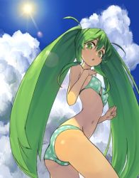 Rule 34 | 1girl, ass, bad id, bad pixiv id, bikini, cloud, day, domo1220, dutch angle, green eyes, green hair, hatsune miku, lens flare, long hair, looking at viewer, matching hair/eyes, navel, polka dot, polka dot bikini, polka dot swimsuit, sky, solo, swimsuit, twintails, very long hair, vocaloid