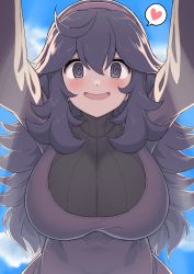 Rule 34 | 1girl, @ @, alternate breast size, arms up, black hair, blush, breasts, cloud, commentary request, creatures (company), day, dress, game freak, grey eyes, hair between eyes, hairband, heart, hex maniac (pokemon), highres, long hair, looking at viewer, nintendo, open mouth, outdoors, perapera, pokemon, pokemon xy, purple hairband, sky, smile, solo, spoken heart, tongue, turtleneck