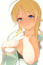Rule 34 | 1girl, absurdres, ahoge, black tank top, blonde hair, blue eyes, blush, breasts, breasts apart, collarbone, empty eyes, full-face blush, hachimiya meguru, highres, holding, holding clothes, holding shirt, idolmaster, idolmaster shiny colors, large breasts, looking at viewer, nipples, one breast out, rfeulgen, selfie, shirt, simple background, smile, solo, sweat, sweatdrop, tank top, twintails, upper body, white background, white shirt