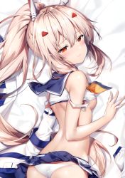 Rule 34 | 1girl, absurdres, ass, ayanami (azur lane), azur lane, bare arms, bare shoulders, bed sheet, blue sailor collar, blue skirt, breasts, brown hair, butt crack, clothes lift, crop top, detached sleeves, hair ornament, headgear, highres, huge filesize, long hair, long sleeves, looking at viewer, lying, midriff, miniskirt, no bra, panties, ponytail, red eyes, retrofit (azur lane), riichu, sailor collar, scan, shirt, shirt lift, single sleeve, skirt, skirt lift, sleeveless, sleeveless shirt, small breasts, solo, underwear, white panties, white shirt, wide sleeves
