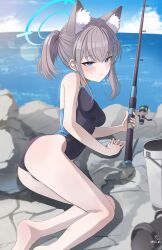 Rule 34 | 1girl, absurdres, animal ear fluff, animal ears, black one-piece swimsuit, blue archive, blue eyes, breasts, bucket, commentary request, competition swimsuit, covered navel, cross hair ornament, extra ears, feet out of frame, fishing rod, gangbyeon, grey hair, hair ornament, halo, highres, horizon, korean commentary, looking at viewer, low ponytail, lying, medium breasts, medium hair, mismatched pupils, multicolored clothes, multicolored swimsuit, ocean, official alternate costume, on side, one-piece swimsuit, shiroko (blue archive), shiroko (swimsuit) (blue archive), solo, swimsuit, wolf ears