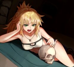 Rule 34 | 1girl, bandeau, bare shoulders, blonde hair, blue shorts, braid, breasts, cleavage, collarbone, commentary, english commentary, fate/apocrypha, fate (series), french braid, green eyes, head rest, highres, indoors, jewelry, lying, medium breasts, mordred (fate), mordred (fate/apocrypha), mordred (memories at trifas) (fate), necklace, open mouth, ponytail, short hair, short shorts, shorts, skull, solo, teeth, thighs, umeo (pixiv51103813), upper teeth only