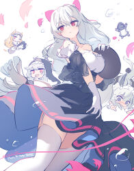 Rule 34 | 1other, 4girls, @ @, alternate costume, animal ears, apron, arknights, asicah, bare shoulders, black skirt, blonde hair, blush, breasts, bubble, character name, character request, chibi, closed mouth, dated, detached sleeves, doctor (arknights), garter straps, gloves, grey hair, happy birthday, high-waist skirt, highres, holding, holding tray, long hair, looking at viewer, maid headdress, medium breasts, multiple girls, open mouth, red eyes, sharp teeth, shirt, skadi (arknights), skirt, smile, solo focus, specter (arknights), strapless, strapless shirt, teeth, thighhighs, tray, white gloves, white shirt, white thighhighs, wrist cuffs