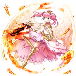 Rule 34 | 1girl, armor, armored boots, blue eyes, boots, bracer, crown, dress, feathered wings, feathers, fire, flaming sword, flaming weapon, floating hair, full body, gold armor, hair ribbon, highres, holding, holding sword, holding weapon, long hair, open mouth, pauldrons, pink hair, ribbon, salt (salty), shoulder armor, solo, sword, teeth, transparent background, twintails, upper teeth only, weapon, white wings, wings