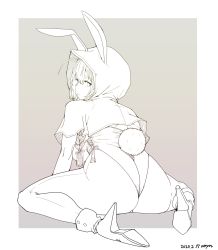 Rule 34 | 1girl, absurdres, animal ears, ass, attyon, braid, breasts, capelet, closed mouth, dated, fake animal ears, fake tail, hair between eyes, high heels, highres, hood, hood up, hooded capelet, kantai collection, leotard, monochrome, playboy bunny, rabbit ears, rabbit tail, shinshuu maru (kancolle), signature, simple background, sitting, sketch, solo, tail