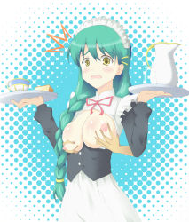 Rule 34 | 1girl, blush, braid, grabbing another&#039;s breast, breasts, deep skin, disembodied hand, grabbing, green hair, ladies versus butlers!, large breasts, long hair, maid, nipples, open clothes, open shirt, shikikagami sanae, shirt, solo focus, soubee, waitress, yellow eyes