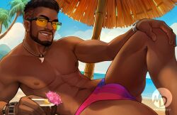 Rule 34 | 1boy, abs, baptiste (overwatch), bara, beach, beard, bisexual flag print, bisexual male, blue sky, bulge, coconut, dark-skinned male, dark skin, facial hair, feet out of frame, gluteal fold, holding, jewelry, large pectorals, lgbt pride, looking at viewer, lying, male focus, male swimwear, mature male, momo-deary, muscular, muscular male, navel, navel hair, necklace, nipples, ocean, on side, overwatch, overwatch 2, pectorals, pink male swimwear, pride month, print male swimwear, purple male swimwear, sand, short hair, sky, smile, solo, sunglasses, swim briefs, thick lips, tooth necklace