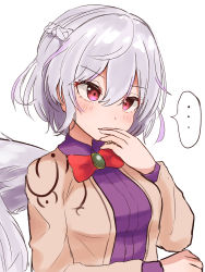 Rule 34 | ..., 1girl, blush, bow, bowtie, braid, breasts, brooch, dress, feathered wings, french braid, hair between eyes, highres, jacket, jewelry, kishin sagume, long sleeves, looking ahead, medium breasts, open clothes, open jacket, purple dress, red bow, red eyes, short hair, silver hair, simple background, single wing, solo, spoken ellipsis, touhou, upper body, white background, white wings, wings, yanagi (isiryu230)