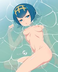 Rule 34 | 1girl, absurdres, arm behind back, artist name, ass, blue eyes, blue hair, blush, breasts, bright pupils, creatures (company), female focus, game freak, hairband, half-closed eyes, hand up, highres, lana (pokemon), lying, matching hair/eyes, navel, nintendo, nipples, nude, on side, open mouth, orcaleon, partially submerged, pokemon, pokemon sm, shiny skin, short hair, small breasts, solo, stomach, water, watermark, yellow hairband