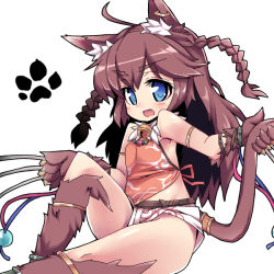 Rule 34 | 1girl, :d, ahoge, animal ears, bell, blue eyes, blush, braid, brown hair, cat ears, cat tail, claw (weapon), fang, jingle bell, looking at viewer, nemui (nemui), open mouth, paw print, sennen sensou aigis, simple background, smile, solo, tail, twin braids, two side up, ur (sennen sensou aigis), weapon, white background