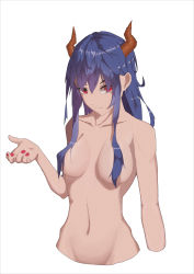 1girl absurdres arknights blue_hair breasts ch&#039;en_(arknights) chinese_commentary collarbone commentary_request convenient_censoring cropped_torso db1s dragon_horns groin hair_between_eyes hair_censor hand_up highres horns long_hair looking_at_viewer medium_breasts nail_polish navel nude red_eyes red_nails sidelocks simple_background solo stomach upper_body white_background