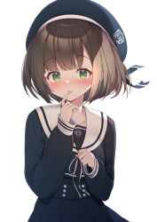 Rule 34 | 1girl, ariel23795, beret, black hat, black serafuku, black shirt, black skirt, blush, brown hair, collarbone, commentary request, green eyes, hand up, hat, highres, long sleeves, looking at viewer, nose blush, open mouth, original, pleated skirt, puffy long sleeves, puffy sleeves, sailor collar, school uniform, serafuku, shirt, simple background, skirt, sleeves past wrists, smile, solo, white background, white sailor collar