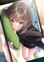 Rule 34 | 1girl, amagi shino, animal, blush, brown hair, cellphone, commentary request, eyelashes, highres, holding, holding phone, light brown hair, looking at viewer, lying, original, pet, phone, pillow, receptionist kohai (amagi shino), short hair, smartphone, solo, yellow eyes