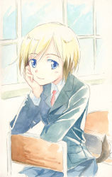 Rule 34 | 1girl, agahari, blonde hair, blue eyes, chair, head rest, desk, erica hartmann, multicolored hair, necktie, school uniform, sitting, sitting backwards, solo, strike witches, tail, two-tone hair, world witches series