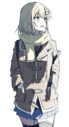 Rule 34 | 1girl, blonde hair, blue eyes, breath, hair ornament, hands in pockets, highres, hololive, hololive english, jacket, layered clothes, layered sleeves, long sleeves, misaki d3su, necktie, scarf, school uniform, short hair, solo, virtual youtuber, watson amelia, winter clothes, yellow scarf