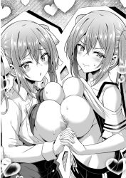 Rule 34 | 2girls, blush, boku no kanojo sensei, bra, bra lift, breast press, breasts, breasts out, embarrassed, female focus, fujiki maka, hair between eyes, highres, holding hands, large breasts, long hair, looking at viewer, monochrome, multiple girls, nipples, official art, open clothes, open shirt, oryo (oryo04), parted lips, sdwing, short shorts, shorts, simple background, standing, symmetrical docking, twintails, unbuttoned, unbuttoned shirt, underwear