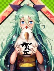 Rule 34 | 10s, bird, black ribbon, blue eyes, blush, chicken, embarrassed, failure penguin, floral print, flower, hair between eyes, hair flower, hair ornament, hair ribbon, hairclip, holding, kantai collection, long hair, long sleeves, looking at viewer, nose blush, red ribbon, ribbon, rooster, sash, stuffed chicken, tassel, teardrop, tobi-mura, translation request, upper body, very long hair, wide sleeves, yamakaze (kancolle)