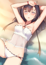Rule 34 | 1girl, akizuki (kancolle), alternate costume, arm behind head, armpits, arms up, bad id, bad pixiv id, bare shoulders, beach, bikini, bikini bottom only, black hair, blue eyes, blush, breasts, cleavage, cleavage cutout, clothing cutout, collarbone, commentary request, day, groin, hair ribbon, hairband, half-closed eyes, hand on own head, kantai collection, knee up, long hair, looking at viewer, lying, medium breasts, navel, ocean, on back, open mouth, outdoors, pallad, partially submerged, ponytail, ribbon, sand, see-through, sidelocks, solo, stomach, swimsuit, thighs, waves, white bikini, wristband