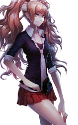 Rule 34 | 1girl, black bra, black jacket, blue eyes, bow, bra, breasts, brown hair, cleavage, danganronpa: trigger happy havoc, danganronpa (series), enoshima junko, hair bow, highres, jacket, long hair, looking at viewer, medium breasts, miniskirt, nail polish, necktie, pleated skirt, red nails, red skirt, simple background, skirt, smile, solo, standing, striped clothes, striped skirt, twintails, underwear, v-shaped eyebrows, vertical-striped clothes, vertical-striped skirt, very long hair, white background, yandywu