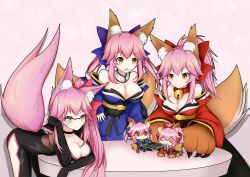 Rule 34 | 3girls, 5girls, :3, absurdres, animal ear fluff, animal ears, animal hands, bare shoulders, bell, blue kimono, blue ribbon, bow, breasts, cat paws, cellphone, chibi, cleavage, collar, collarbone, detached sleeves, fate/extra, fate/grand order, fate (series), fox ears, fox girl, fox tail, glasses, gloves, hair bow, highres, japanese clothes, jingle bell, kimono, koyanskaya (fate), large breasts, long hair, mini person, minigirl, multiple girls, multiple persona, multiple tails, neck bell, nepsuka (hachisuka), open mouth, parody, paw gloves, phone, pink hair, pink ribbon, ponytail, red kimono, red ribbon, ribbon, riyo (lyomsnpmp) (style), servant (fate), side ponytail, smartphone, style parody, tail, tamamo (fate), tamamo cat (fate), tamamo no mae (fate/extra), yellow eyes