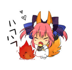 Rule 34 | 10s, 1girl, animal ear fluff, animal ears, bad id, bad pixiv id, blush, bow, campfire, chibi, closed eyes, eating, fang, fate/extra, fate (series), fire, fox ears, fox tail, hair bow, hair ribbon, heart, izru, japanese clothes, open mouth, pink hair, potato, ribbon, sidelocks, solo, tail, tamamo (fate), tamamo no mae (fate/extra), twintails
