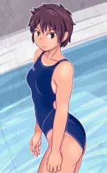 Rule 34 | 1girl, black eyes, blue one-piece swimsuit, breasts, brown hair, closed eyes, commentary request, competition swimsuit, cowboy shot, from side, one-piece swimsuit, original, short hair, small breasts, smile, solo, swimsuit, tan, tanaka rikimaru, tanline, tomboy, very short hair
