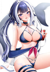Rule 34 | 1girl, ahoge, animal collar, artist name, beer can, bikini, black hair, blue bikini, blue collar, body markings, breasts, can, cetacean tail, cleavage, collar, collarbone, criss-cross halter, drink can, eyelashes, facial mark, fins, fish tail, halterneck, heart, heart ahoge, heart o-ring, highres, holding, holding can, indie virtual youtuber, large breasts, lyusiola, multicolored hair, o-ring, orca girl, parted lips, pink ribbon, purple eyes, ribbon, shylily, shylily (bikini), solo, swimsuit, tail, thigh strap, two-tone hair, virtual youtuber, whisker markings, white hair