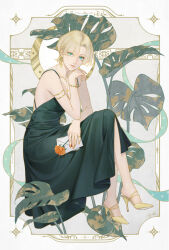 Rule 34 | 1girl, aqua eyes, arm up, armlet, art nouveau, black dress, blonde hair, bracelet, breasts, cleavage, crescent, crescent earrings, crossed legs, drawing, dress, earrings, emblask, flower, hand on own chin, head rest, high heels, holding, holding flower, holding letter, invisible chair, jewelry, leaf, letter, light smile, looking at viewer, medium breasts, monstera deliciosa, muted color, necklace, original, parted lips, patterned background, plant, rose, short hair, sitting, sleeveless, sleeveless dress, yellow flower, yellow rose