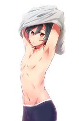 Rule 34 | 10s, 1boy, armpits, arms up, bad id, bad pixiv id, black male underwear, blouse, collarbone, free!, grey shirt, hair between eyes, high speed!, kirishima ikuya, male focus, male underwear, navel, rayu, red eyes, shirt, simple background, solo, topless male, underwear, undressing, white background
