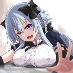 Rule 34 | 1girl, arms up, assault lily, bed sheet, black bow, black capelet, black ribbon, black sleeves, blue hair, blurry, blurry foreground, bow, braid, breasts, buttons, capelet, center frills, commentary request, covered erect nipples, depth of field, detached sleeves, fang, frilled shirt, frilled shirt collar, frills, gradient background, grey background, hair between eyes, hair bow, highres, large breasts, long hair, long sleeves, looking at viewer, lying, mori tatsuki, neck ribbon, on stomach, open hand, open mouth, outstretched arms, purple eyes, ribbon, school uniform, shirt, sidelocks, solo, twin braids, upper body, urutsu sahari, white background, white shirt, yurigaoka girls academy school uniform