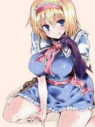 Rule 34 | 1girl, :q, aky (seiga15395737), alice margatroid, beige background, blonde hair, blue dress, blue eyes, bois de justice, boots, breasts, brown footwear, capelet, closed mouth, commentary request, cookie (touhou), dies irae, dress, frilled sash, full body, hair between eyes, hairband, hinase (cookie), large breasts, looking at viewer, neckerchief, pink hairband, pink neckerchief, pink sash, sash, shinza bansho series, short hair, simple background, sitting, smile, solo, suggestive fluid, tongue, tongue out, touhou, wariza, white capelet