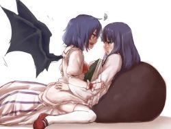 Rule 34 | 2girls, ascot, bat wings, blue hair, blush, book, dress, face-to-face, jpeg artifacts, long hair, long sleeves, lying, mary janes, multiple girls, no headwear, on back, open mouth, patchouli knowledge, profile, purple hair, remilia scarlet, shirt, shoes, short hair, simple background, sitting, sitting on person, skirt, skirt set, striped, sweatdrop, terimayo, thighhighs, touhou, vest, white background, white legwear, wide sleeves, wings, wrist cuffs, yuri