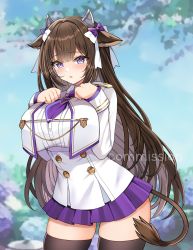 Rule 34 | animal ears, azur lane, black thighhighs, blunt bangs, blush, bow, breasts, brown hair, buttons, commission, cow ears, cow horns, cow tail, cowboy shot, double-breasted, hair between eyes, hair bow, hand on own chest, highres, horns, jacket, jirafuru, kashino (azur lane), large breasts, long hair, long sleeves, looking at viewer, military, military uniform, necktie, outdoors, parted lips, pleated skirt, purple bow, purple eyes, purple necktie, purple skirt, skirt, tail, thighhighs, uniform, white bow, white jacket