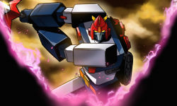 Rule 34 | choudenji machine voltes v, cloud, cloudy sky, commentary, finishing move, glowing, glowing eyes, highres, jazz jack, looking at viewer, mecha, no humans, robot, signature, sky, slashing, solo, sword, voltes v (mecha), weapon, yellow eyes, yellow sky