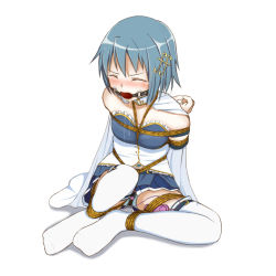 Rule 34 | 10s, 1girl, arms behind back, ball gag, bdsm, blue hair, bondage, bound, cape, crying, drooling, closed eyes, femuto, gag, gagged, hair ornament, magical girl, mahou shoujo madoka magica, miki sayaka, panties, restrained, rope, sex toy, short hair, skirt, solo, tears, underwear, vibrator, wet, wet clothes, wet panties