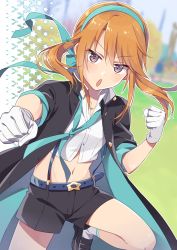 Rule 34 | 1girl, belt, black coat, black footwear, black shorts, blurry, brown eyes, buttons, clenched hands, coat, collared shirt, cowboy shot, crop top, depth of field, flat chest, gloves, hair ribbon, idolmaster, idolmaster cinderella girls, leg up, long hair, looking at viewer, midriff, navel, necktie, open clothes, open coat, open mouth, orange hair, ribbon, riku (melty drop), shirt, shoes, short shorts, short sleeves, shorts, sidelocks, socks, solo, star (symbol), suspenders, thighs, twintails, v-shaped eyebrows, white gloves, white shirt, white socks, yuuki haru