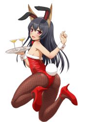 Rule 34 | 1girl, absurdres, animal ears, artist request, ass, bare shoulders, black hair, blush, breasts, cocktail glass, cup, detached collar, dog ears, drinking glass, elin, fake animal ears, fishnet pantyhose, fishnets, from behind, full body, high heels, highres, leotard, long hair, looking back, pantyhose, playboy bunny, rabbit ears, rabbit tail, red eyes, red leotard, shoes, sideboob, simple background, small breasts, smile, solo, tail, tera online, tray