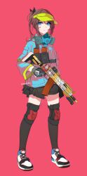 Rule 34 | 1girl, absurdres, assault rifle, black gloves, blue eyes, blue jacket, brown hair, chinese commentary, commentary request, facial mark, finger on trigger, full body, gas mask, gloves, gun, heart, heart facial mark, highres, jacket, jpeg artifacts, juzi wei qishui, knee pads, magazine (weapon), mask, unworn mask, miniskirt, multicolored clothes, multicolored jacket, original, pink jacket, ponytail, red background, rifle, shoes, signature, skirt, sneakers, solo, thighhighs, translation request, two-tone jacket, weapon