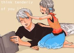 Rule 34 | 1boy, 1girl, atlus, bad id, bad pixiv id, bare shoulders, beige background, book, doujima nanako, holding, holding book, kneeling, long sleeves, lying, narukami yuu, on stomach, open book, persona, persona 4, reading, short hair, silver hair, simple background, sweater, ten, ten (ch)