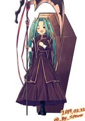 Rule 34 | 1girl, absurdres, artist name, black dress, blush, boots, by spoon, character request, coffin, dress, hair ornament, hat, highres, long hair, looking at viewer, one eye closed, open mouth, red eyes, scythe, solo, text focus, very long hair, white background