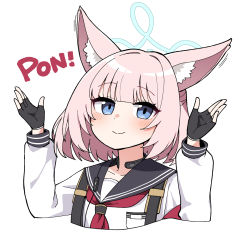 Rule 34 | 1girl, animal ear fluff, animal ears, armband, black gloves, blue archive, blue eyes, blush, breast pocket, closed mouth, cropped torso, fingerless gloves, fox ears, gloves, halo, hands up, highres, junsuina fujunbutsu, long sleeves, looking at viewer, medium hair, motion lines, neckerchief, niko (blue archive), pink hair, pocket, red neckerchief, school uniform, serafuku, simple background, smile, solo, throat microphone, upper body, white background, white serafuku