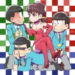 Rule 34 | 10s, 1girl, 3boys, all fours, black hair, blood, bloodshot eyes, boots, bowl cut, brothers, brown hair, checkered background, choker, closed eyes, crossed legs, cuffs, dominatrix, drooling, elbow gloves, femdom, formal, gloves, hairband, hand on own hip, handcuffs, head rest, kneeling, leotard, low twintails, lowres, matching outfits, matsuno choromatsu, matsuno karamatsu, matsuno osomatsu, multiple boys, nosebleed, osomatsu-kun, osomatsu-san, osomatsu (series), rope, short twintails, siblings, sitting, sitting on person, smile, suit, sunglasses, thigh boots, thighhighs, twintails, yowai totoko