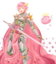 Rule 34 | 1boy, angel wings, angeling, armor, armored boots, blue eyes, boots, breastplate, cape, commentary request, foot out of frame, hair between eyes, halo, holding, holding sword, holding weapon, leg armor, leg up, looking to the side, misuguu, open mouth, pauldrons, pink cape, pink hair, ragnarok online, rune knight (ragnarok online), short hair, shoulder armor, slime (creature), sparkle, spiked pauldrons, sword, weapon, white background, wings