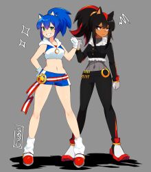Rule 34 | angry, animal ears, black hair, black pants, blue hair, blue shorts, breasts, ciosuii, gloves, green eyes, highres, hood, hoodie, jacket, long hair, midriff, multicolored hair, navel, pants, ponytail, red eyes, red hair, ring (sonic), shadow the hedgehog, shoes, shorts, sidelocks, sleeveless, small breasts, smile, sneakers, sonic (series), sonic generations, sonic the hedgehog, turtleneck, two-tone hair, white gloves