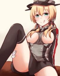 Rule 34 | 10s, 1girl, anchor hair ornament, bad id, bad pixiv id, black skirt, black thighhighs, blonde hair, blush, breastless clothes, cross, gloves, green eyes, hair between eyes, hair censor, hair ornament, hat, highres, iron cross, kantai collection, kapatarou, knee up, long hair, long sleeves, low twintails, military, military uniform, peaked cap, prinz eugen (kancolle), sitting, skirt, smile, solo, thighhighs, tongue, tongue out, twintails, uniform, white gloves
