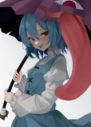 Rule 34 | 1girl, atory, blue eyes, blue hair, closed mouth, commentary request, grey background, hair between eyes, heterochromia, highres, holding, holding umbrella, juliet sleeves, long sleeves, looking at viewer, puffy sleeves, purple umbrella, red eyes, short hair, simple background, smile, solo, tatara kogasa, tongue, tongue out, touhou, umbrella, white background