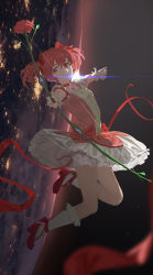 Rule 34 | 1girl, bow (weapon), breasts, bubble skirt, choker, darr1o, dress, floating, flower, frilled dress, frills, full body, gloves, highres, horizon, kaname madoka, kneehighs, levitation, looking at viewer, magical girl, mahou shoujo madoka magica, mahou shoujo madoka magica (anime), parted lips, pink eyes, pink hair, planet, red footwear, red ribbon, ribbon, rose, short hair, short twintails, skirt, small breasts, socks, solo, space, staff, twintails, weapon, white gloves, white socks