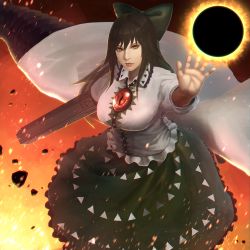 Rule 34 | 1girl, arm cannon, black hair, black wings, bow, breasts, cape, debris, embers, energy ball, feathered wings, fire, frilled shirt, frilled skirt, frills, green skirt, hair bow, hand up, highres, large breasts, lips, long hair, long skirt, looking at viewer, materializing, minami koyogi, nose, open hand, red eyes, reiuji utsuho, shirt, short sleeves, skirt, solo, third eye, touhou, weapon, white shirt, wings