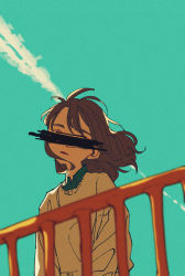 Rule 34 | 1girl, 99 yen (tsubura), blue shirt, blue sky, blurry, blurry foreground, brown hair, censored, collared shirt, commentary request, contrail, eyebrows, highres, identity censor, long hair, looking at viewer, original, outdoors, parted lips, railing, shirt, shirt under sweater, sky, solo, sweater, upper body, white sweater